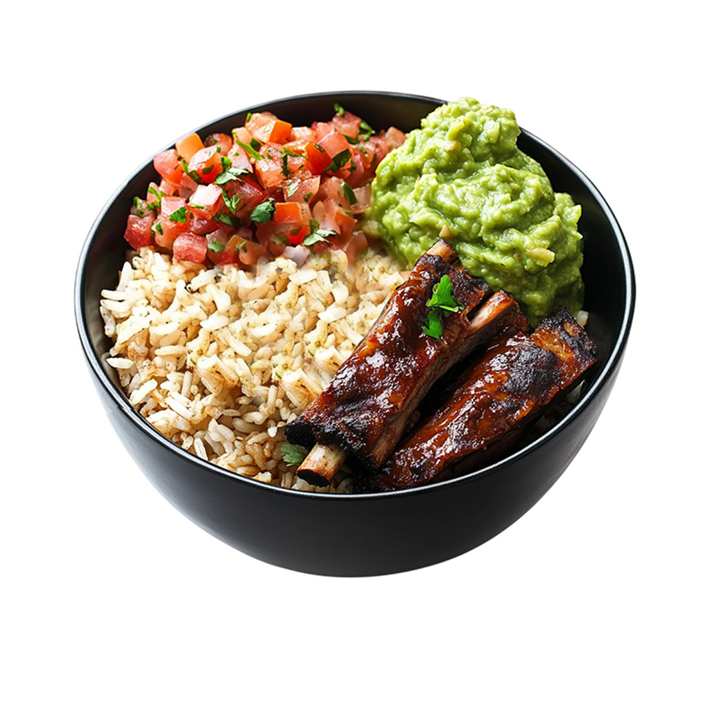 Image-BBQ Pork Ribs: Rice, Beans, Salad.