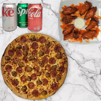 Image-1 Large two toppings Pizza with 12 wings & 3 can of soda
