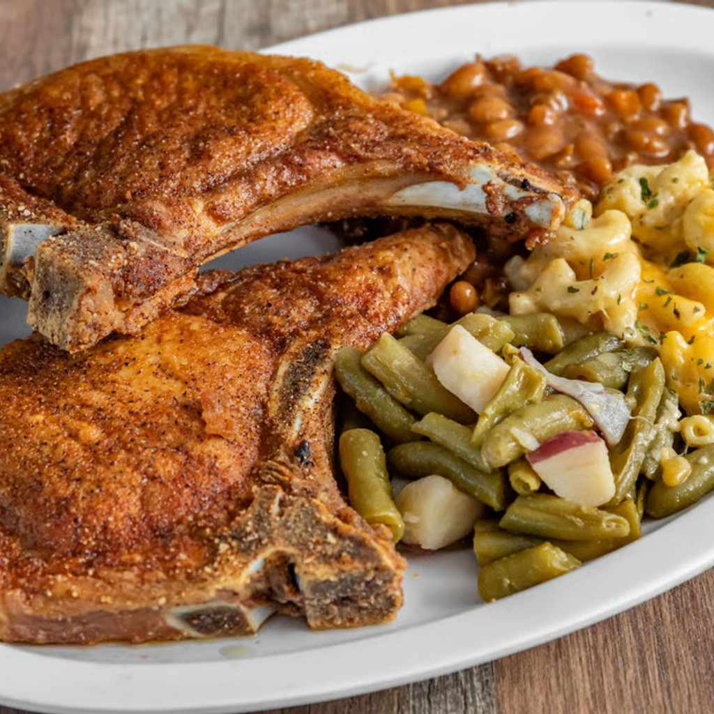 Image-6 Deep fried pork chops, 3 large sides,  4 corn muffins 