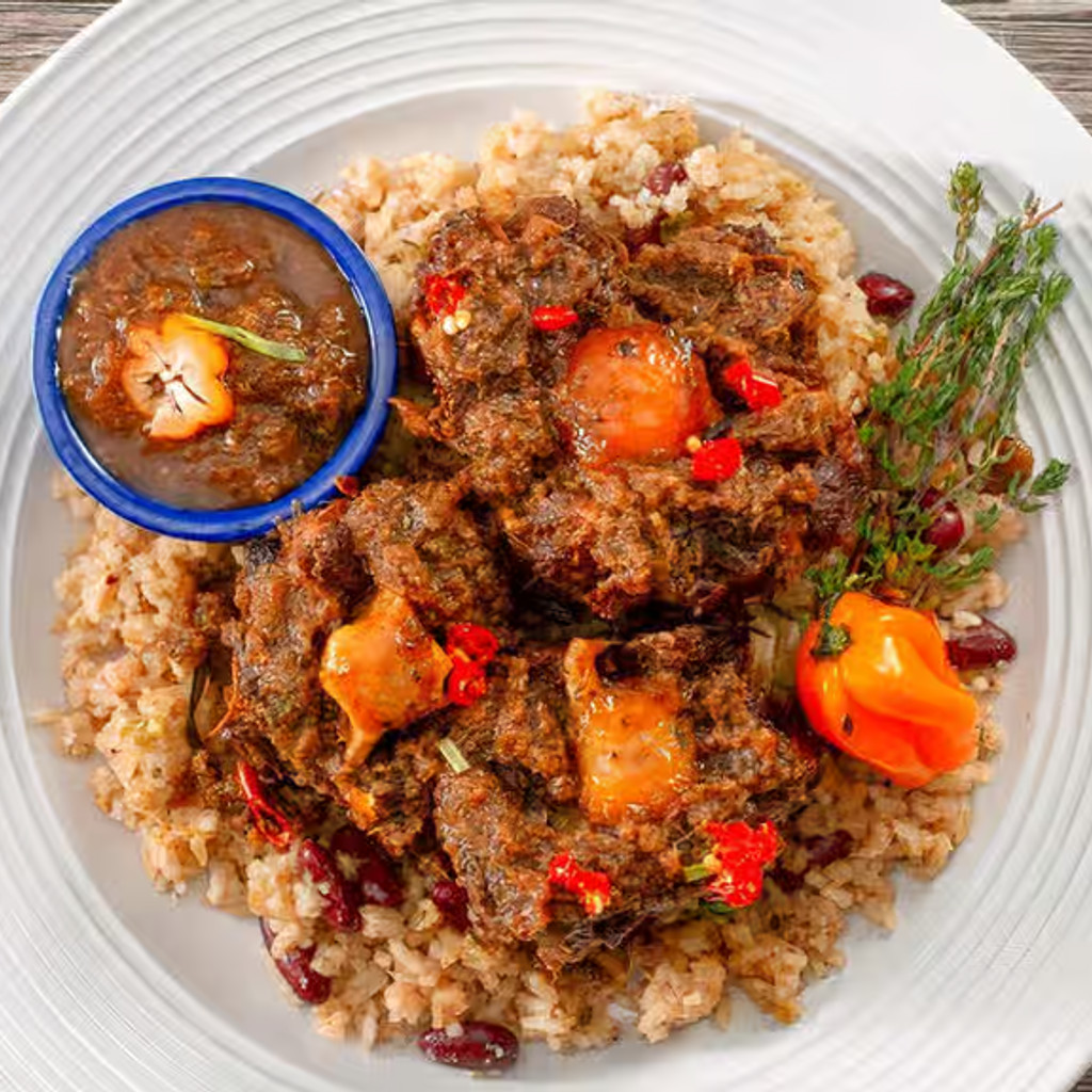 Image-Oxtail Combo served on Rice & Peas w/2 sides (Jerk Oxtails)