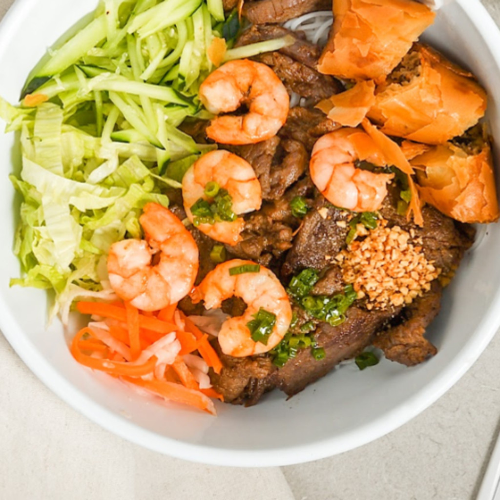 Image-Grilled Beef and Shrimp Vermicelli with Egg Rolls