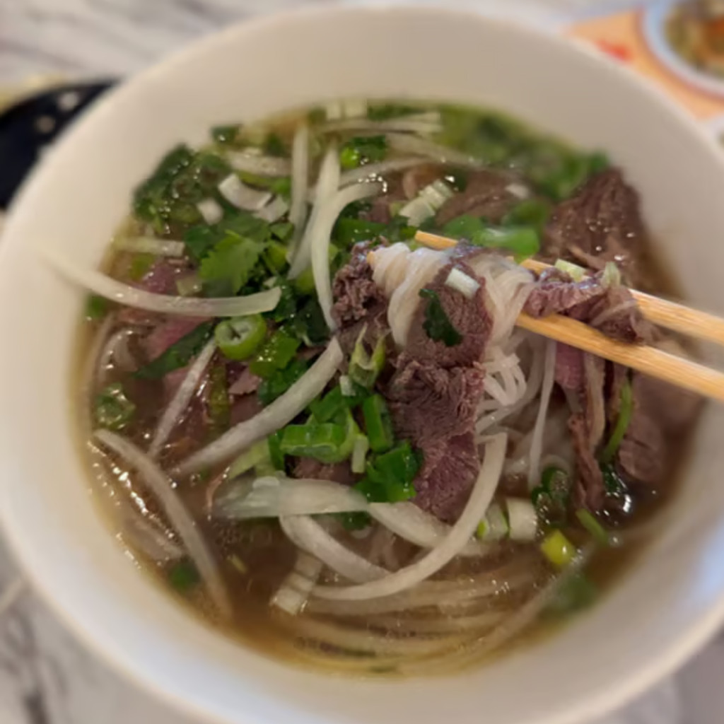 Image-313: Beef noodle soup with eye round steak and well-done brisket, meat balls/ Phở Bò "Tái Lăn", Nạm, Bò Viên