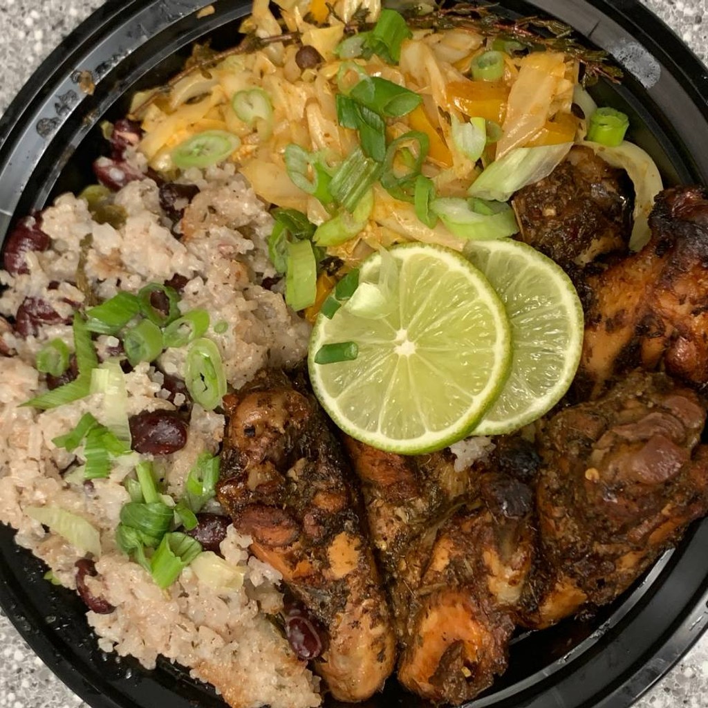 Image-Jerk Chicken Combo served on Rice & Peas w/2 sides