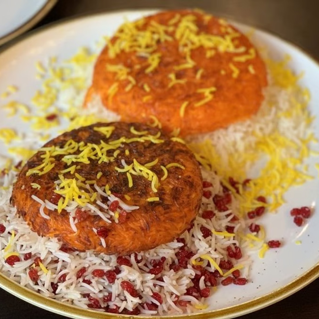 Image-Tahdeeg Rice with Both Filet & Ground Meat Kababs (Chelo Tahdeeg-e Soltani)
