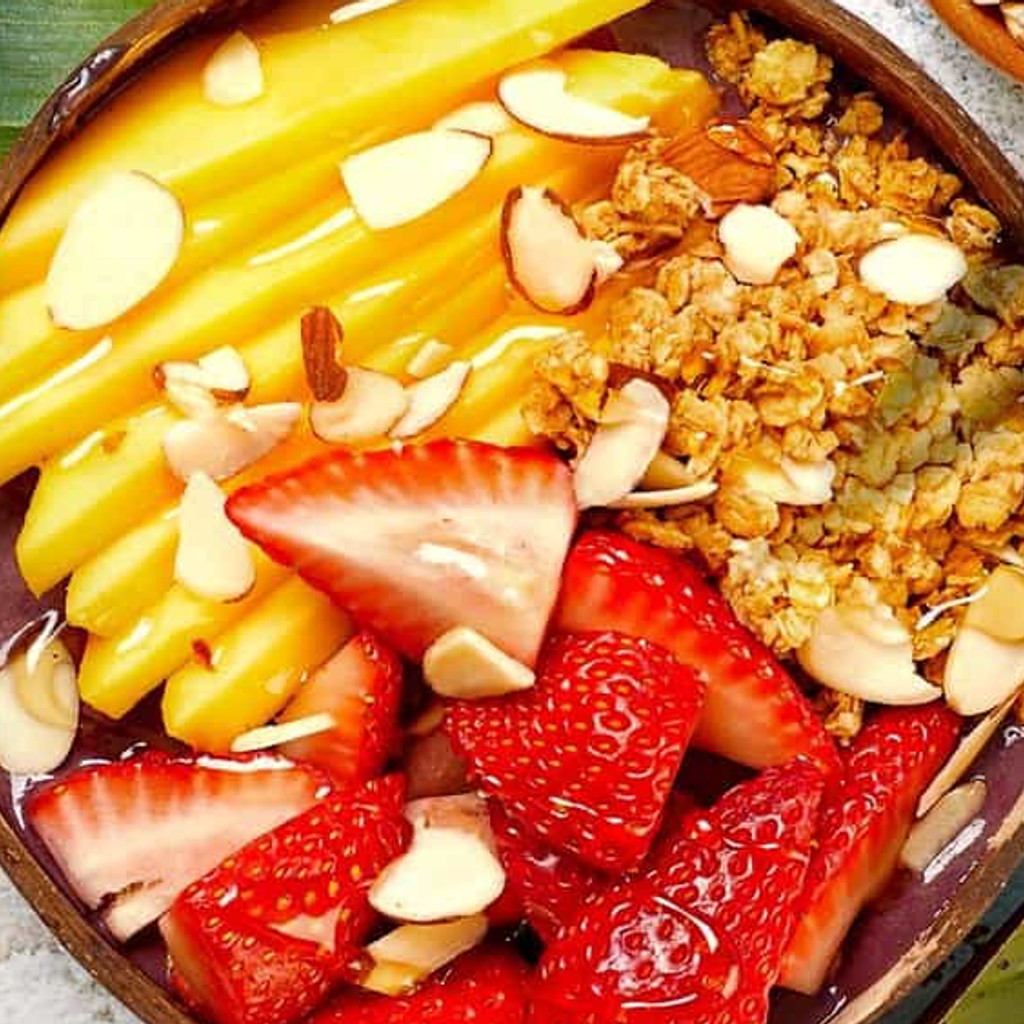 Image-Mango Tango: Granola, Almond Slices, Mango and Strawberry.