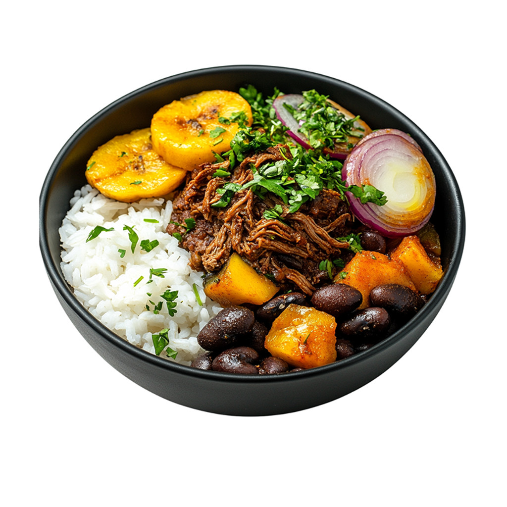 Image-Ropa Vieja: Rice, Beans, Plantain, Salad.
