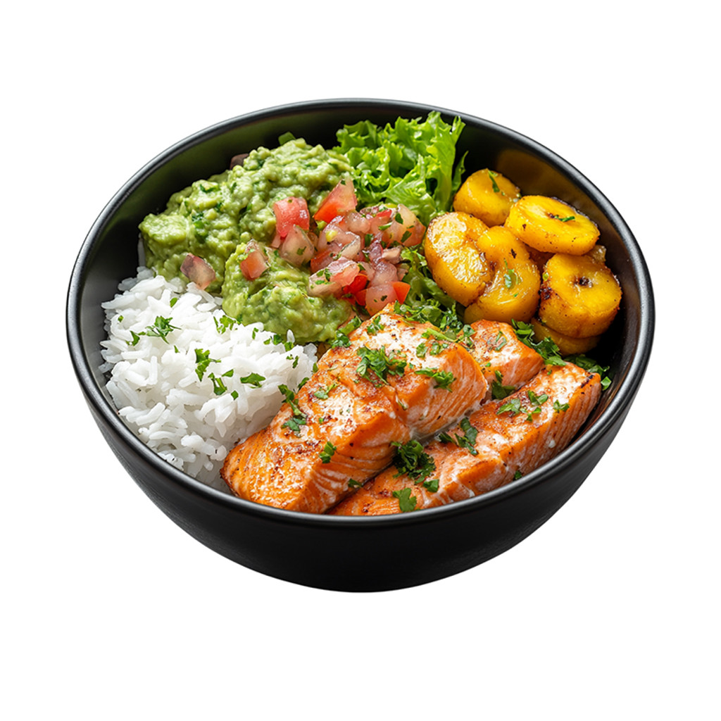 Image-Salmon Bowl: Rice, Plantain, Salad.