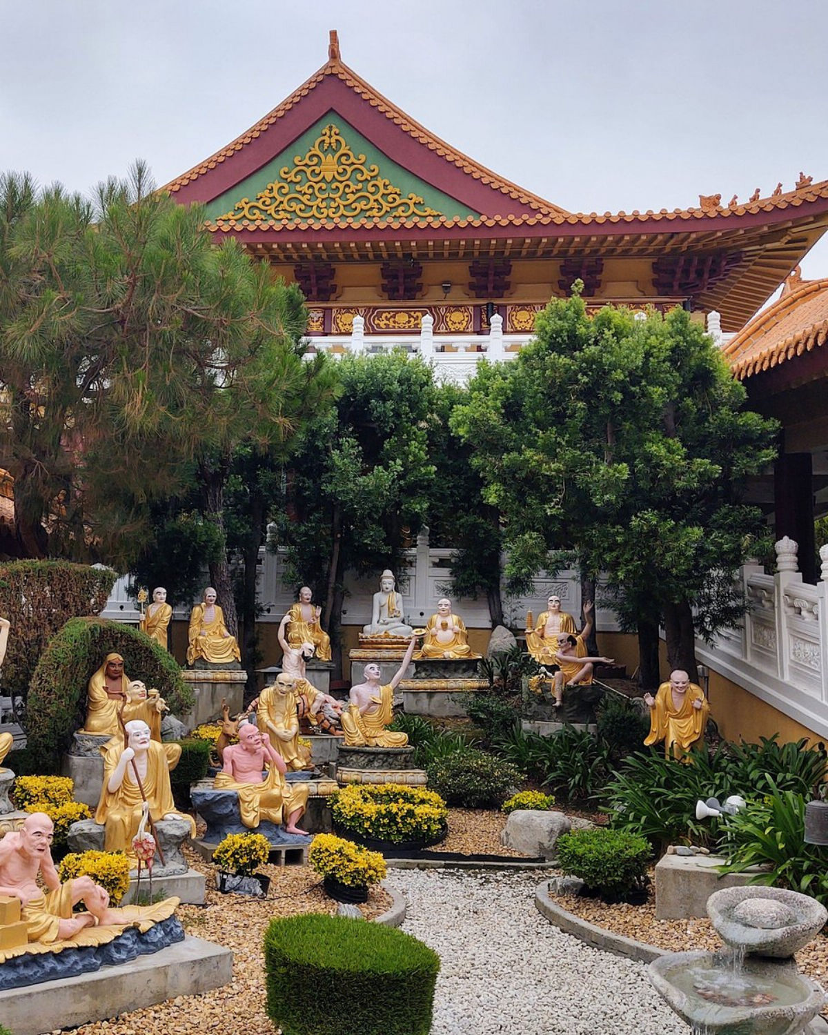 Hsi Lai Temple in Hacienda Heights with ornate Chinese-style roofs, red lanterns, and a courtyard setting.