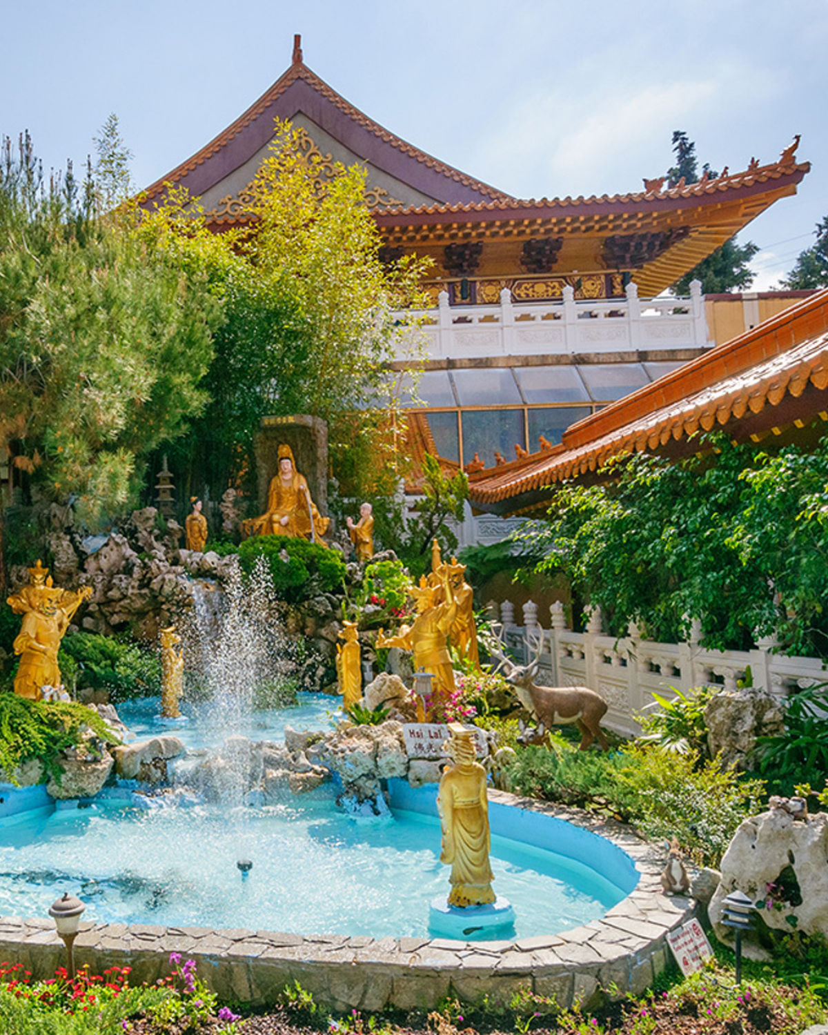 Hsi Lai Temple near Rowland Heights with ornate roofs, landscaped gardens, and a serene hillside setting.