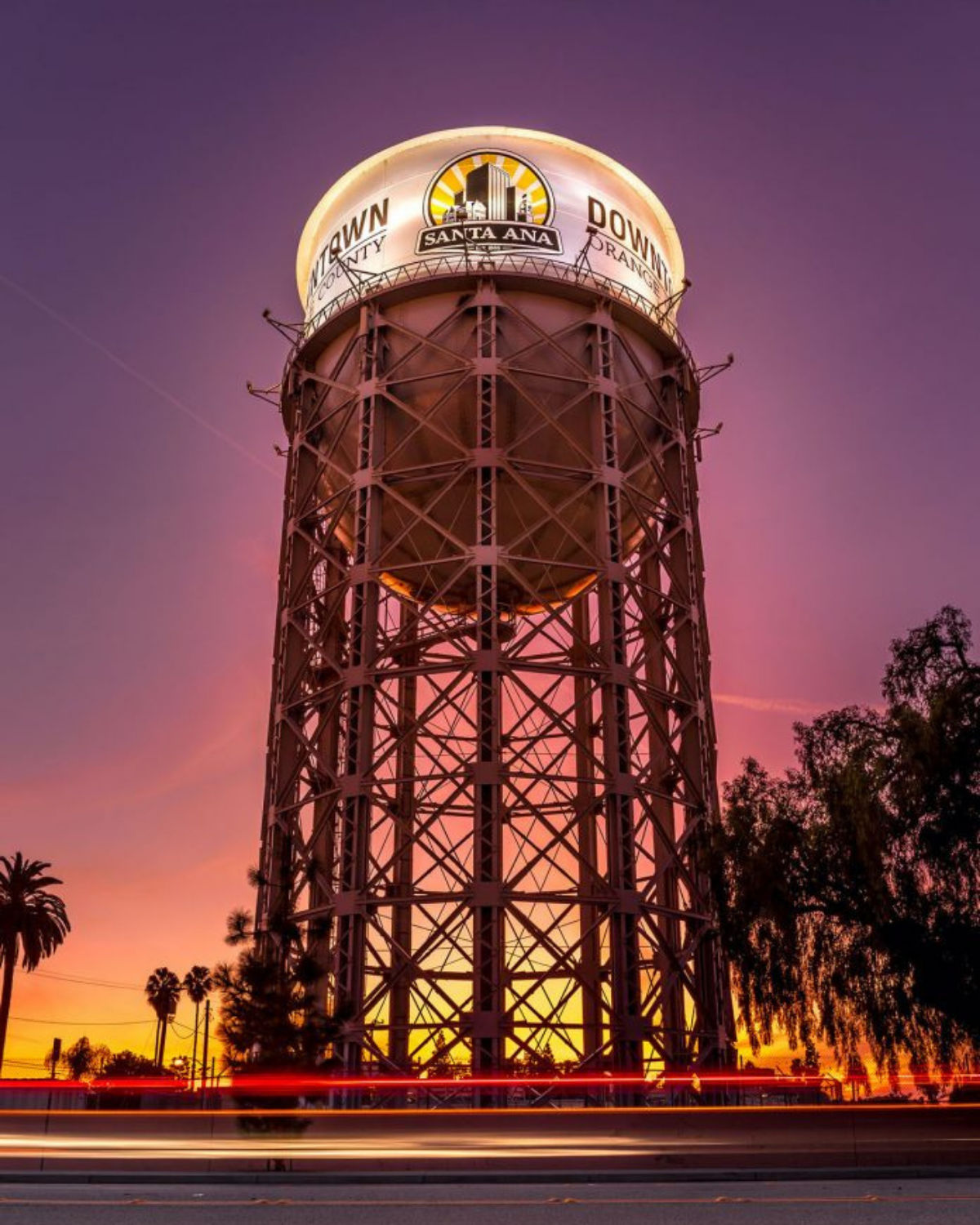 The Santa Ana Water Tower rising above the city skyline as a prominent historic landmark.
