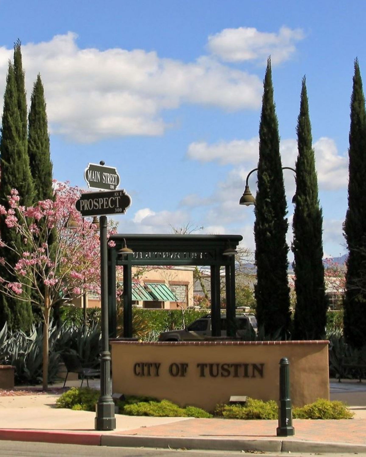 Old Town Tustin with historic buildings, street trees, and a walkable downtown setting.