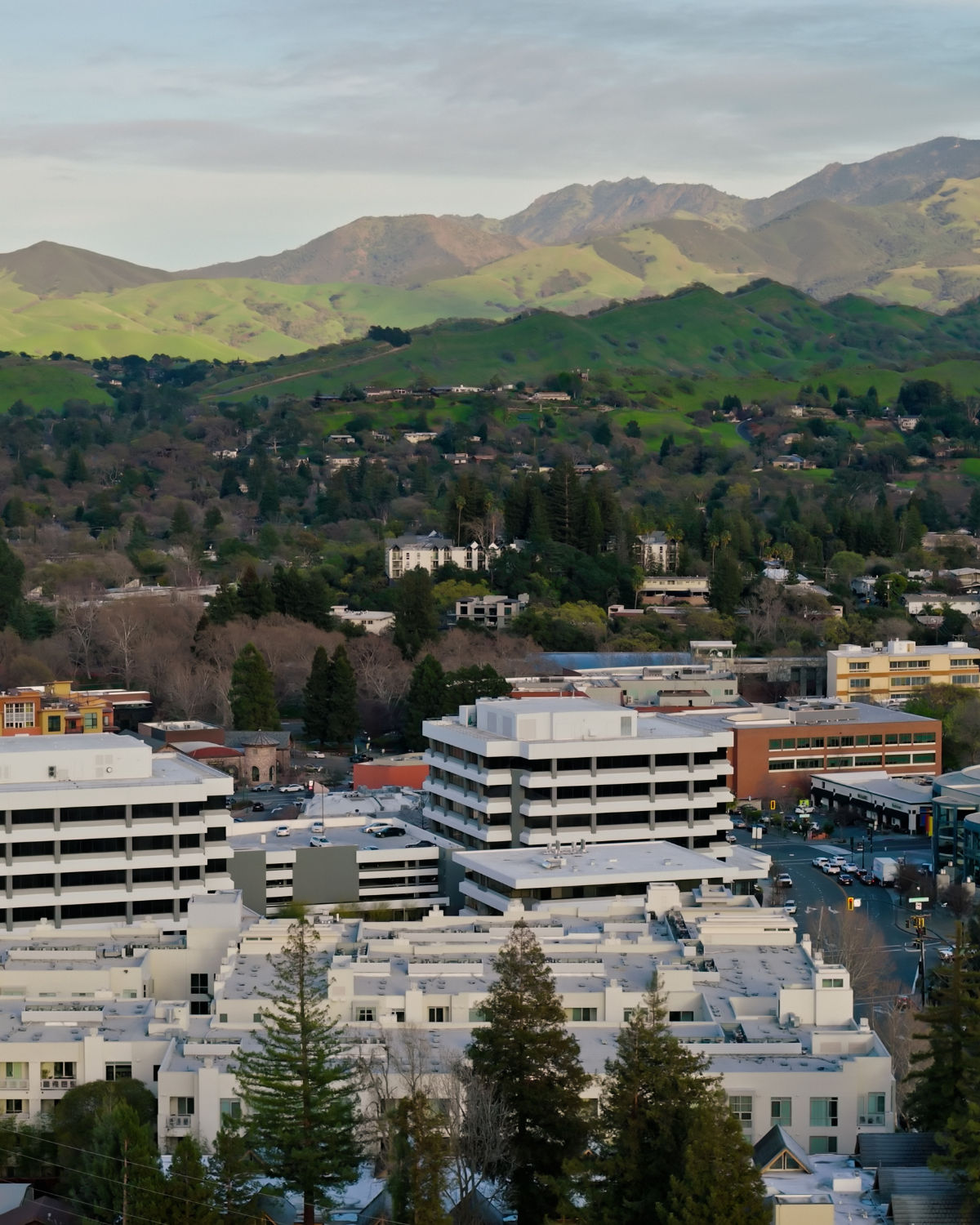 Mid-rise office buildings and parking structures in Walnut, CA set against green, tree-covered hills