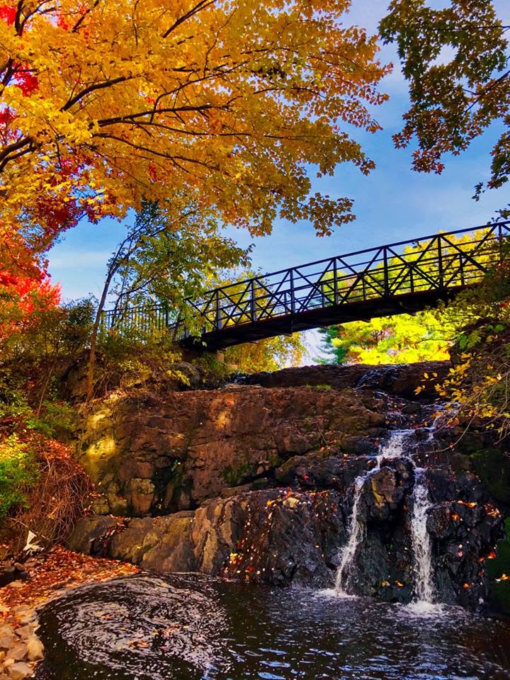 Scenic autumn waterfall flowing beneath a black pedestrian bridge in a wooded Connecticut park, surrounded by rocky ledges and vibrant yellow, orange, and red fall leaves.