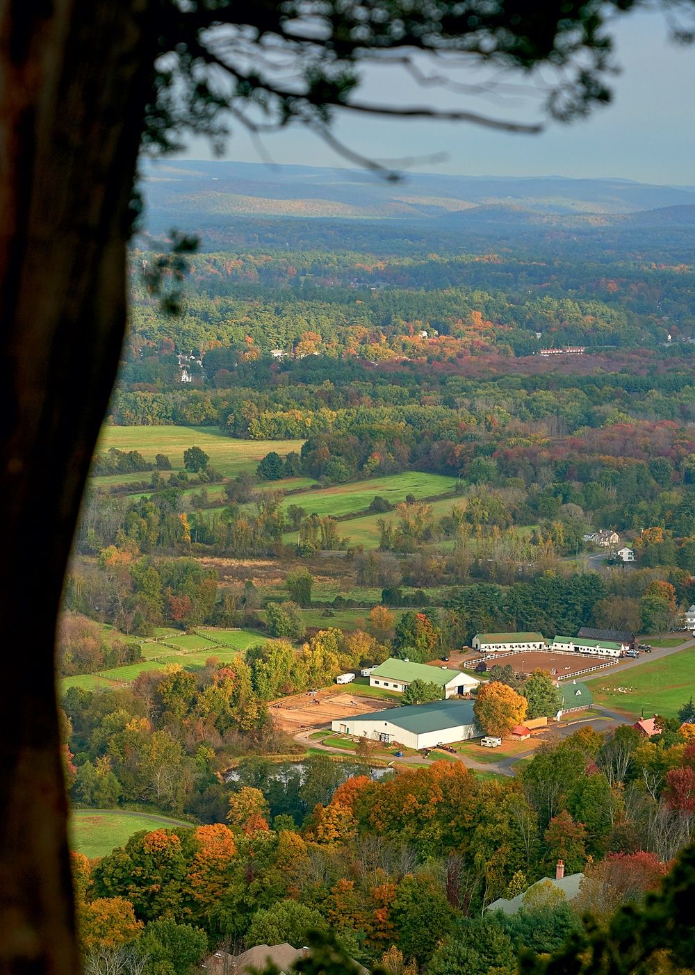Elevated scenic overlook of the Farmington Valley near Weatogue, Connecticut, featuring expansive wooded hills, open green fields, and a large equestrian property with barns, riding arenas, and fenced paddocks. Colorful autumn foliage stretches across the valley toward distant hills, framed by tree branches in the foreground.