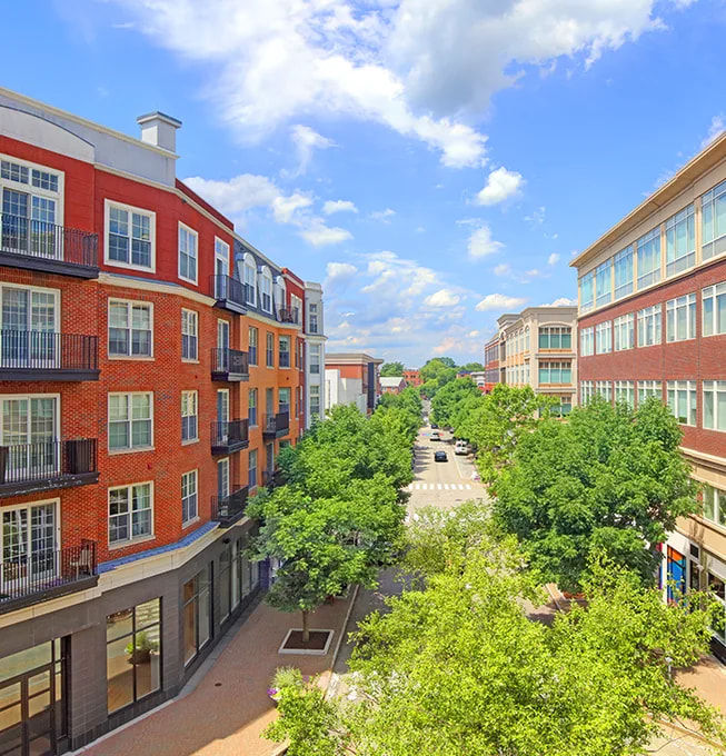 Tree-lined street in West Hartford Center, Connecticut, featuring modern apartment buildings with brick facades, sidewalk storefronts, and a pedestrian-friendly roadway under a bright blue sky.