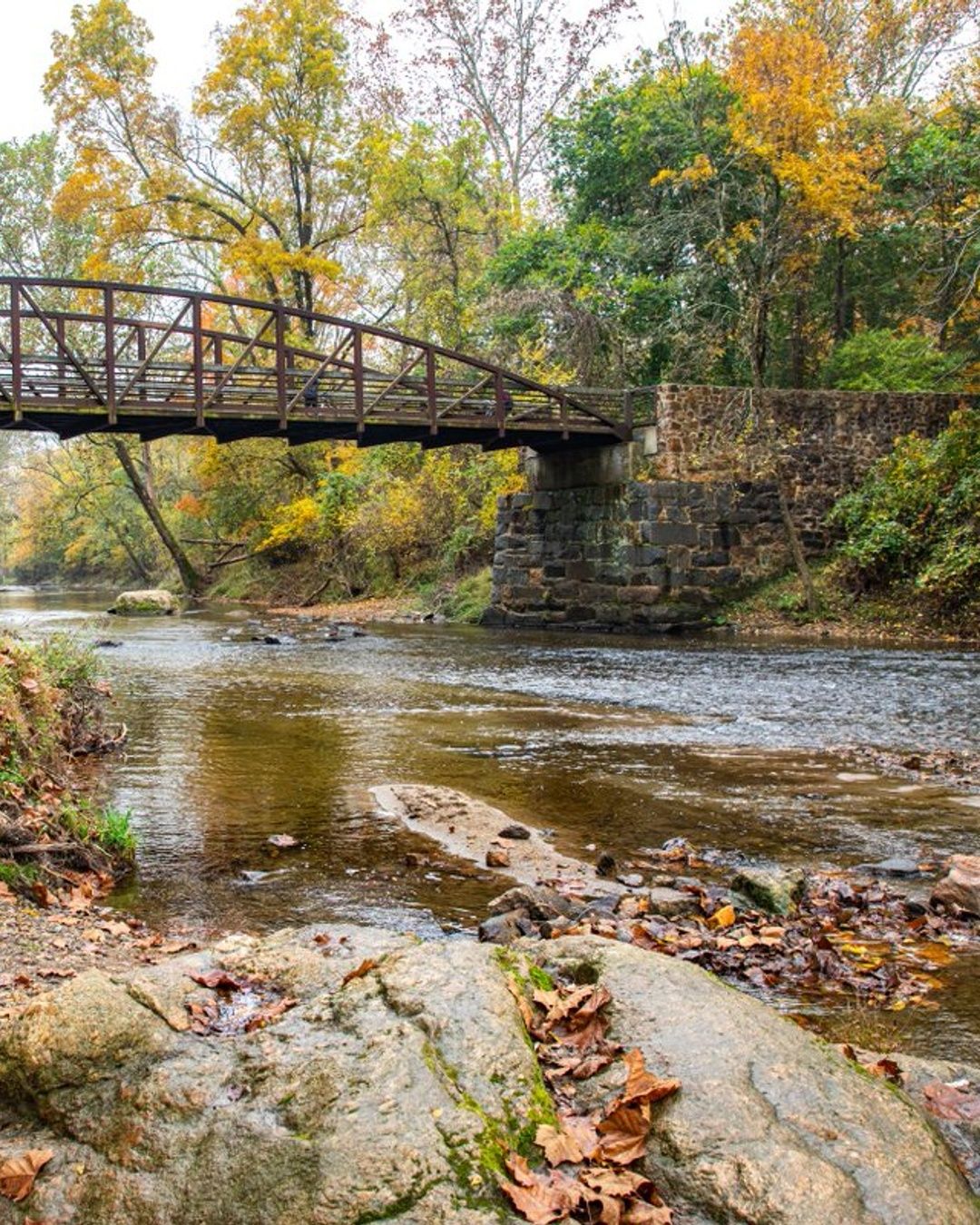 Scenic view of White Clay Creek in Newark, Delaware, featuring a shallow flowing stream with rocky edges, a wooden pedestrian bridge crossing overhead, and surrounding trees with colorful fall foliage lining the peaceful wooded landscape.