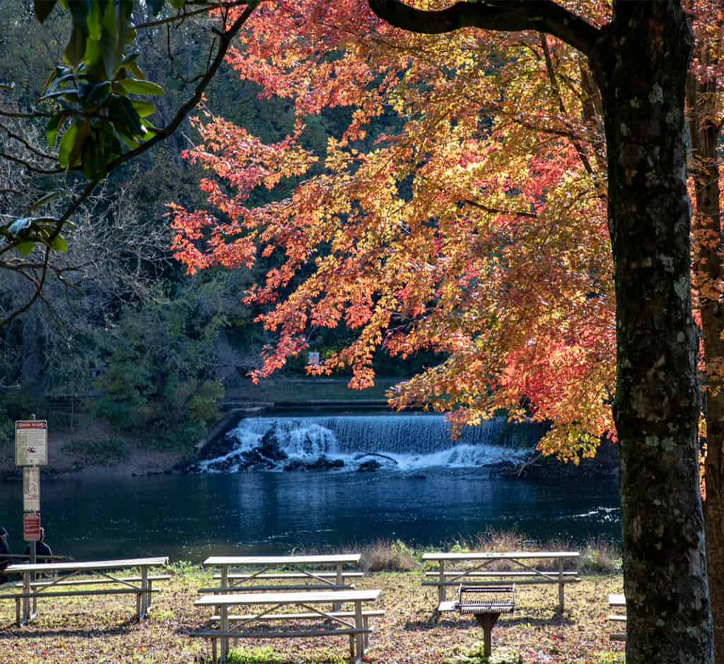 Scenic view of Brandywine Creek in Wilmington, Delaware during fall, featuring vibrant autumn foliage in shades of red, orange, and yellow, a small cascading waterfall in the background, and a quiet picnic area with benches and a grill set beneath tree cover along the water’s edge.