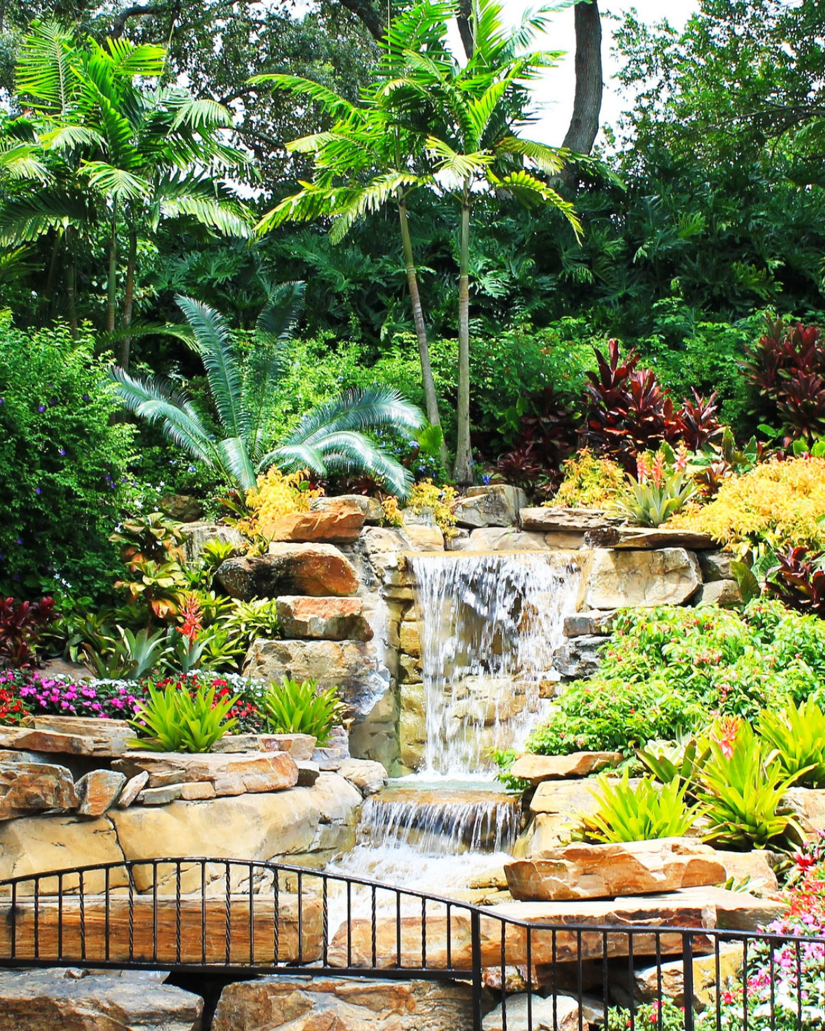 Lush tropical waterfall garden with mossy rocks, cascading water, and dense green foliage at the Florida Botanical Gardens in Largo, Florida