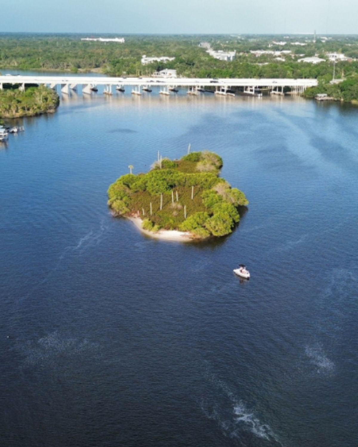 Aerial view of Alafia River in Riverview, Florida, showing a small island in the middle of the water and a boat leaving a wake in the foreground
