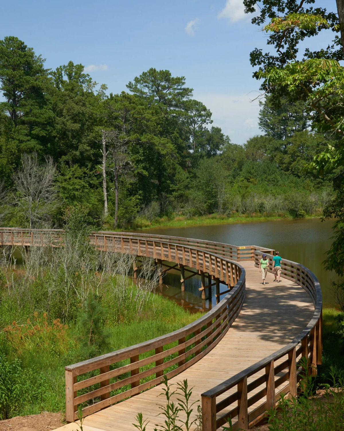 Curving wooden boardwalk of the Arabia Mountain Path in Lithonia, Georgia, winding over marshy grass and along a calm lake, with two people walking beneath a backdrop of dense green trees.