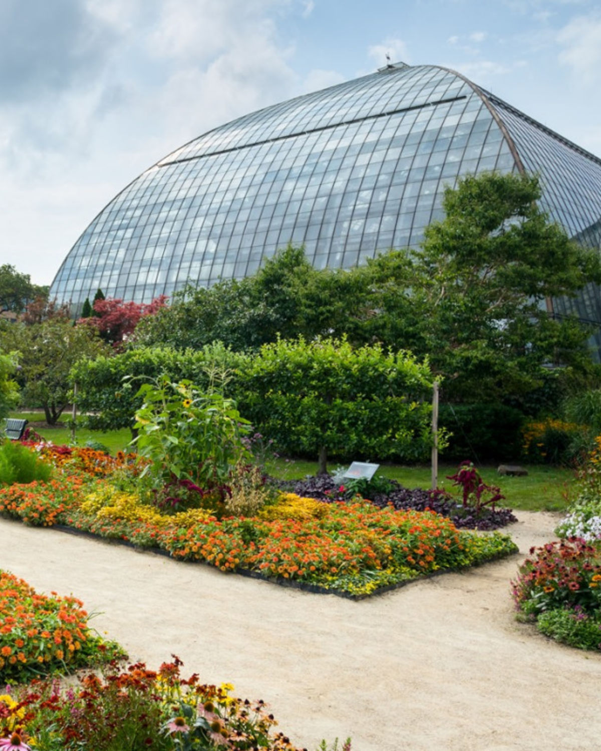 Vibrant outdoor botanical garden with colorful flowering plants, manicured hedges, and lush greenery under a glass conservatory roof at Garfield Park Conservatory near Elmwood Park, IL