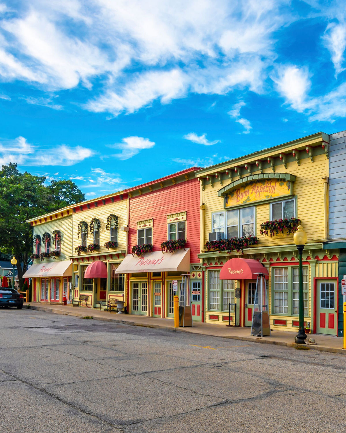 Downtown scene of colored storefronts near McHenry, IL