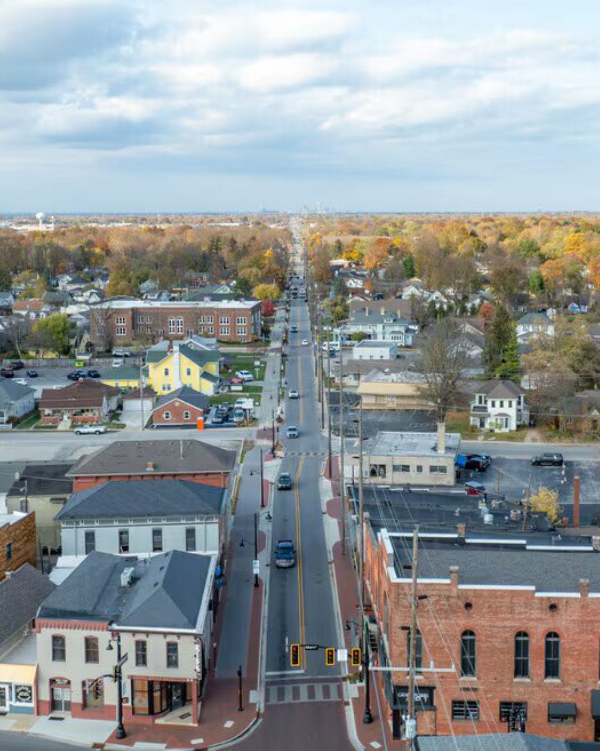 Aerial view of downtown extending into the distance in Greenwood, IN