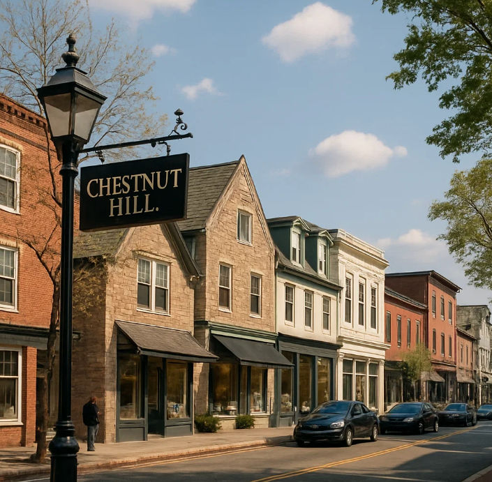 Historic streetscape in Chestnut Hill, MA, featuring charming storefronts, classic brick and stone architecture, and a decorative neighborhood sign along a walkable village center.