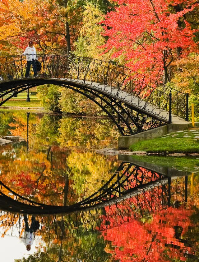 Autumn scene near Shrewsbury, MA at Elm Park in Worcester featuring a historic iron footbridge over a reflective pond, surrounded by vibrant red, orange, and yellow fall foliage with a pedestrian crossing the bridge.