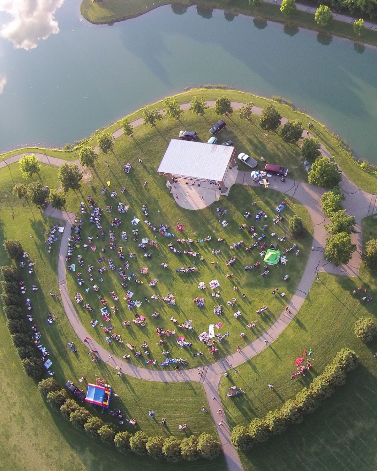 Overhead view of a live performance at the Heritage Park Amphitheater in Canton Township, MI