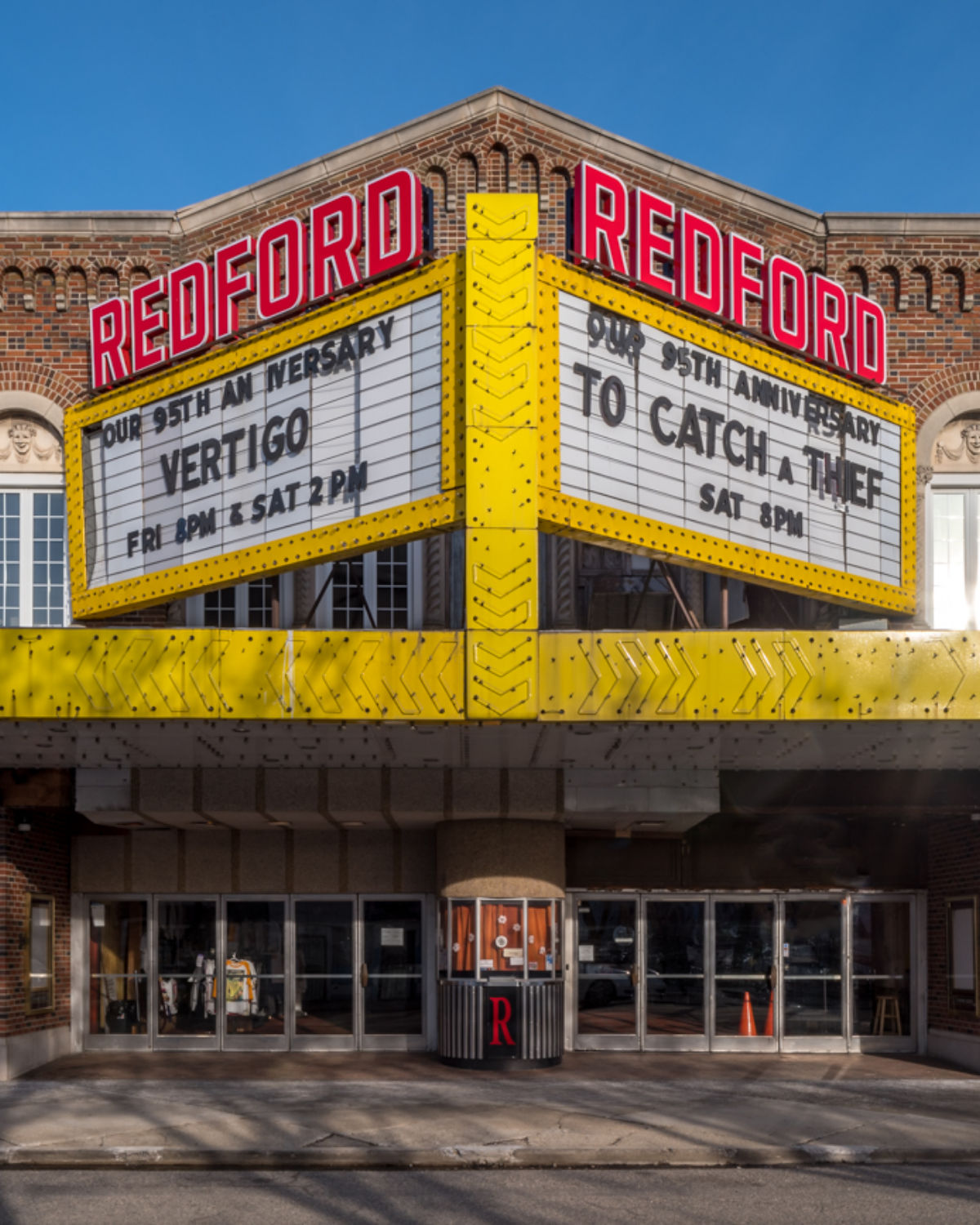 Street view of the historic Redford Theatre and marquee in Redford Township, MI
