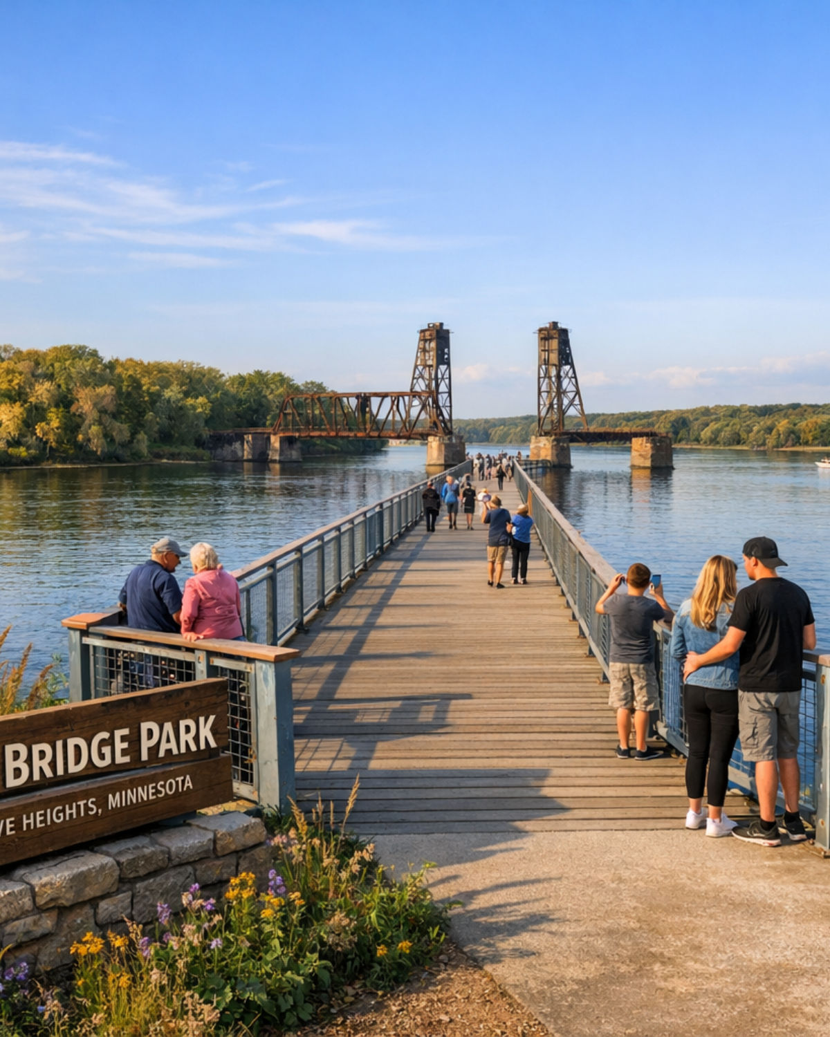 Lake view of Swing Bridge Park looking out to Historic Rock Island Swing Bridge in Inver Grove Heights, MN