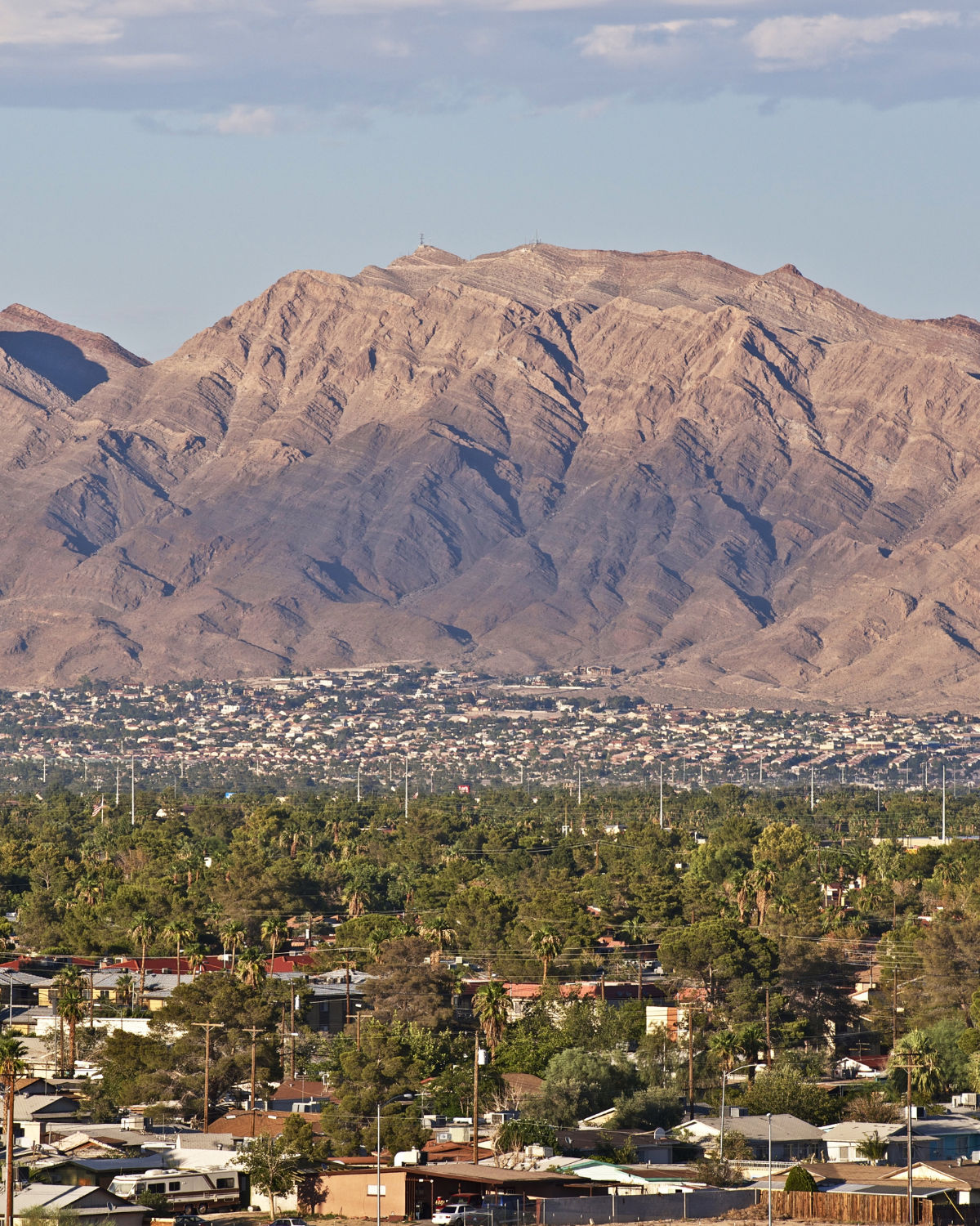 Rugged brown desert mountains rising above a North Las Vegas, NV neighborhood with green trees and rooftops in the foreground