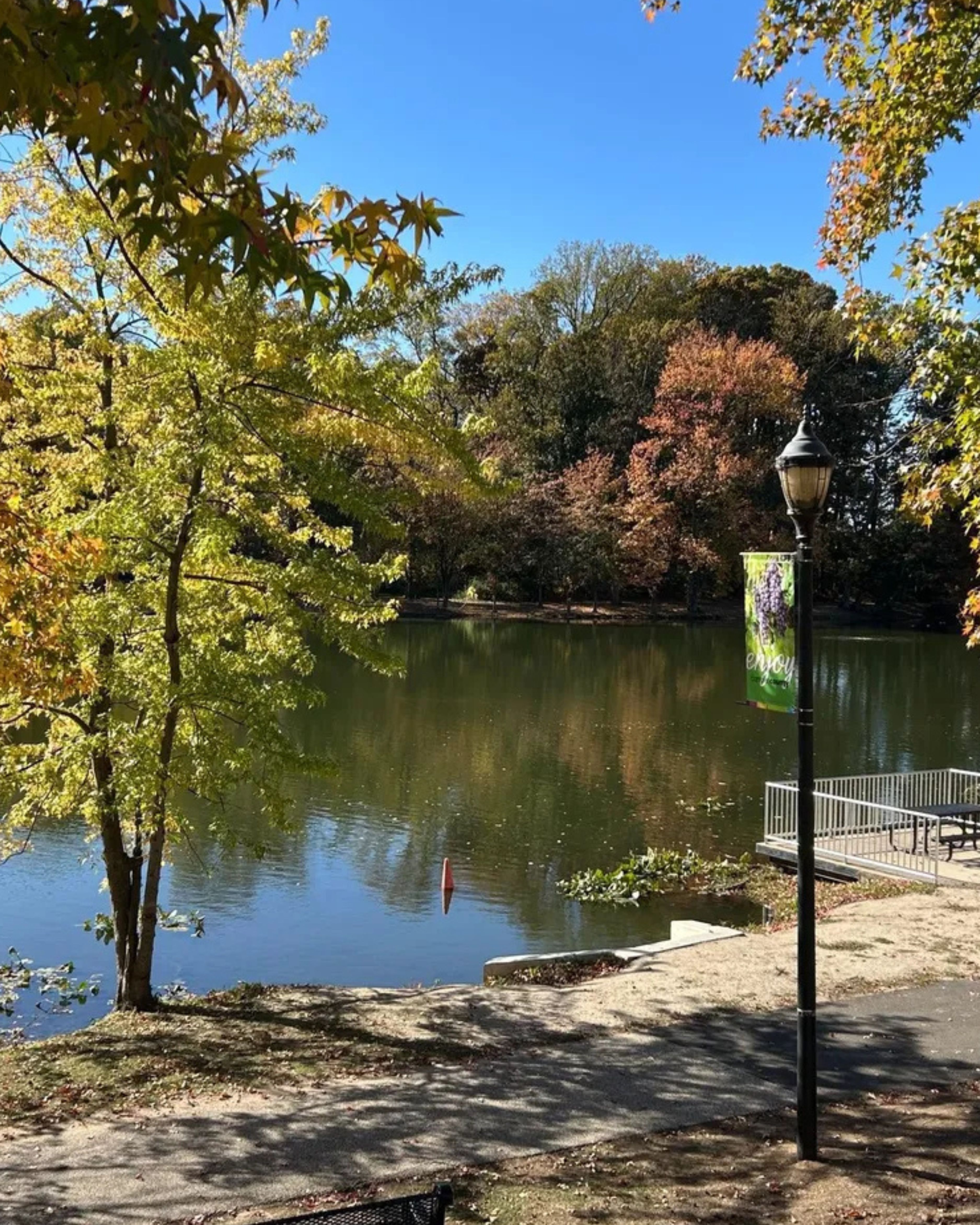 Peaceful pond in Audubon, New Jersey, surrounded by colorful autumn foliage and mature trees. A walking path, lakeside overlook, and decorative lamppost frame the calm water, creating a scenic community park setting beneath a clear blue sky.