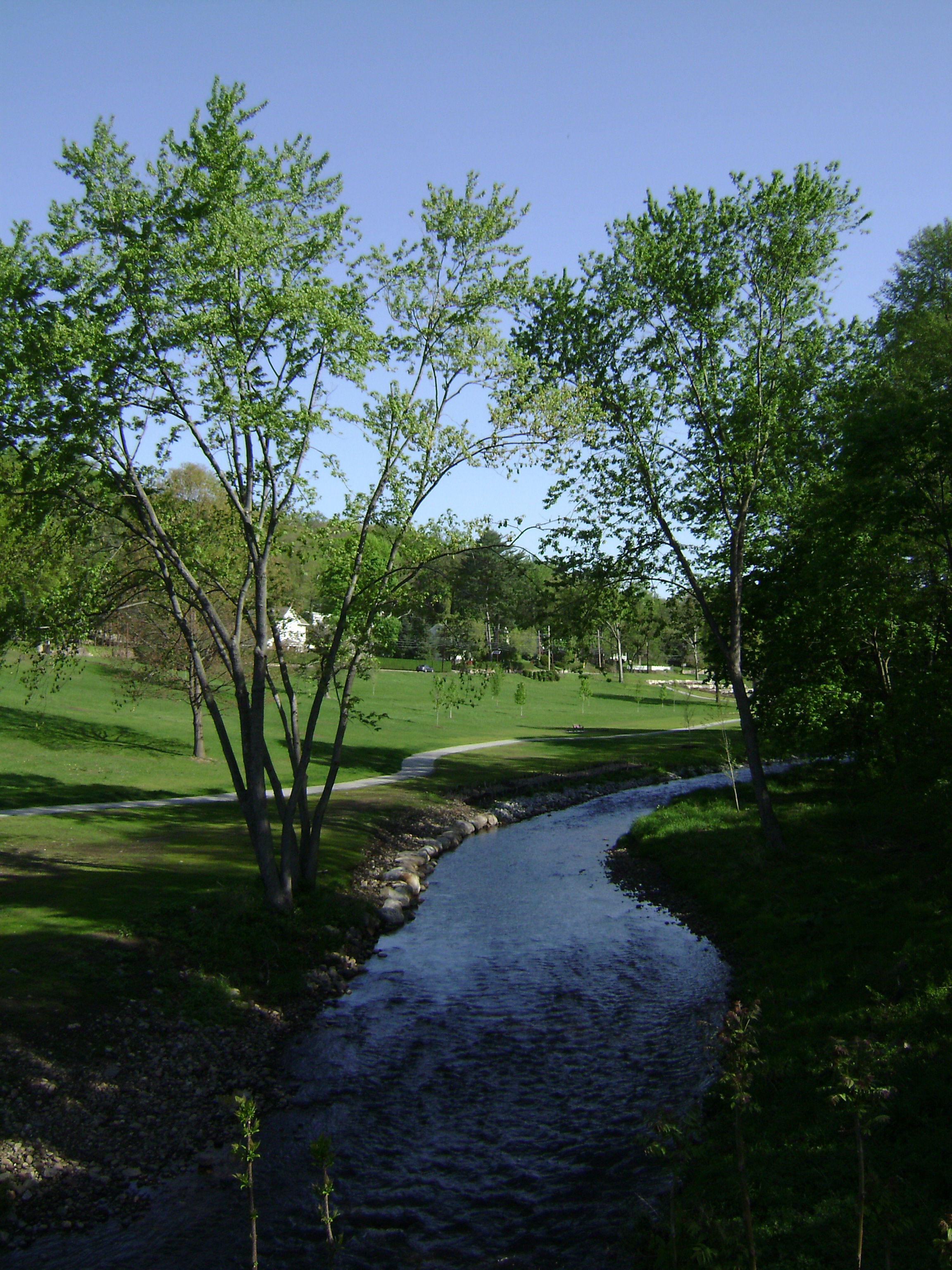 Tree-lined landscape and stream at Goffle Brook Park in Hawthorne, New Jersey, a popular Passaic County recreation area near HappyNest laundry pickup and delivery customers.