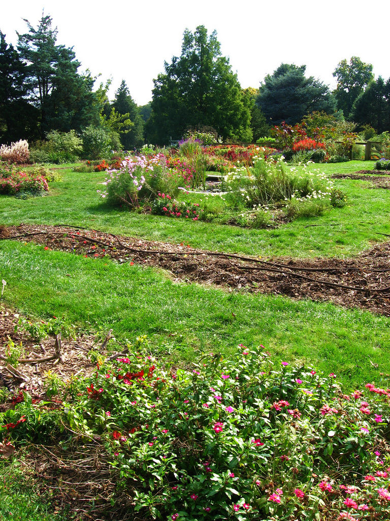Rutgers Gardens in New Brunswick, New Jersey, showcasing colorful flower beds, lush green lawns, and beautifully landscaped walking paths surrounded by mature trees.