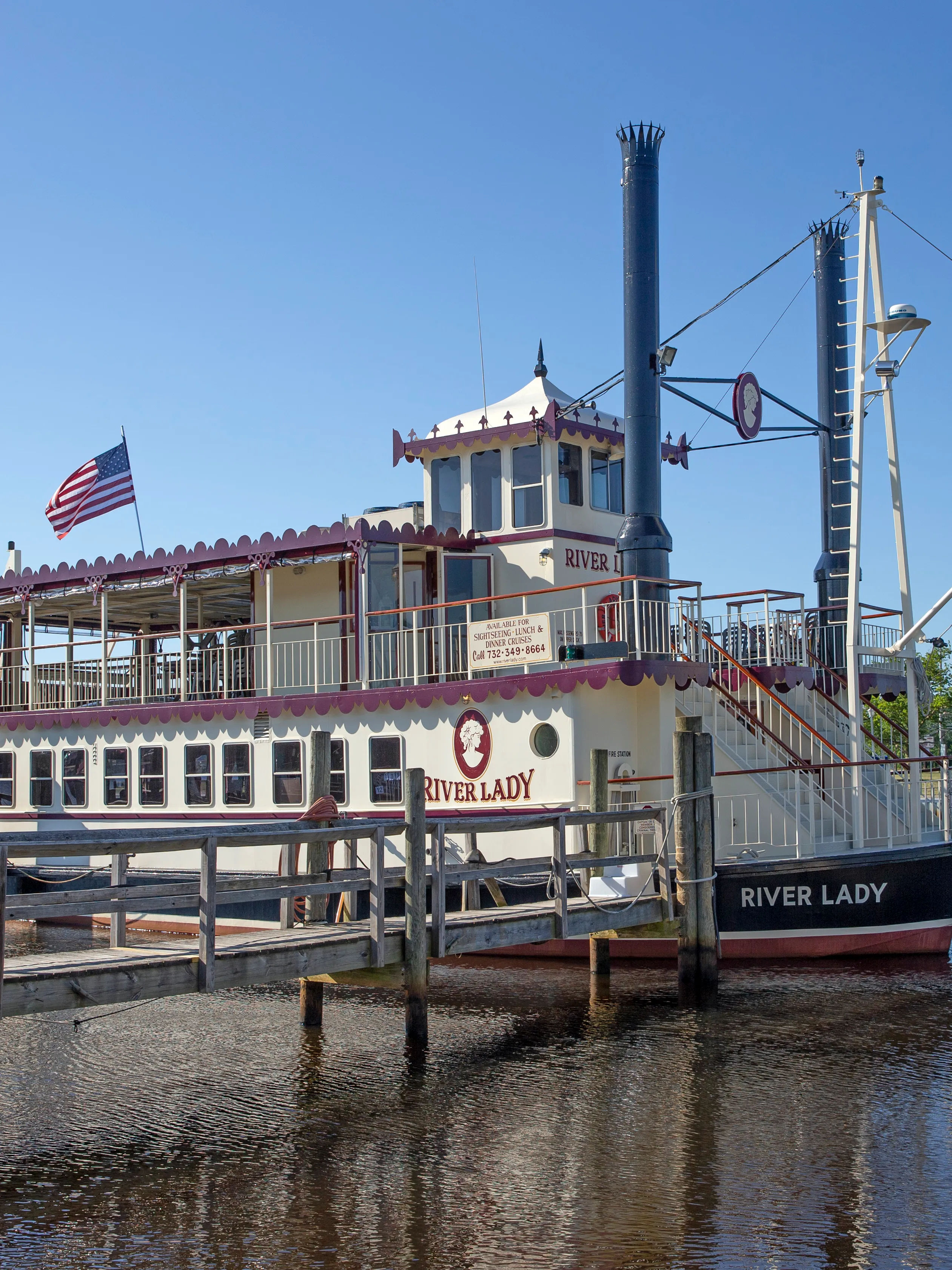 River Lady paddlewheel riverboat docked along the Toms River waterfront in Toms River, New Jersey.