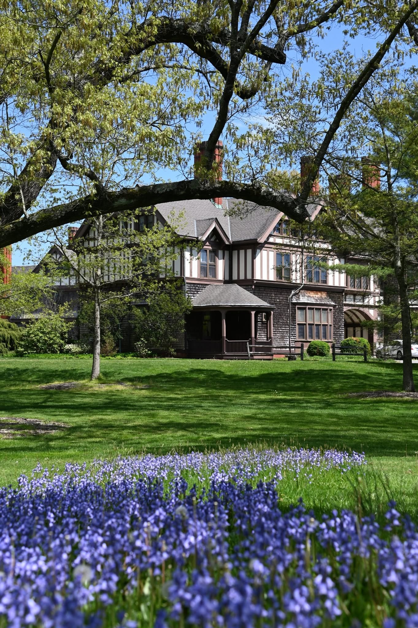 Historic manor-style building surrounded by manicured lawns and blooming wildflowers in Brentwood, New York. Framed by mature trees and lush greenery, the estate highlights the area's rich history and picturesque parkland setting.