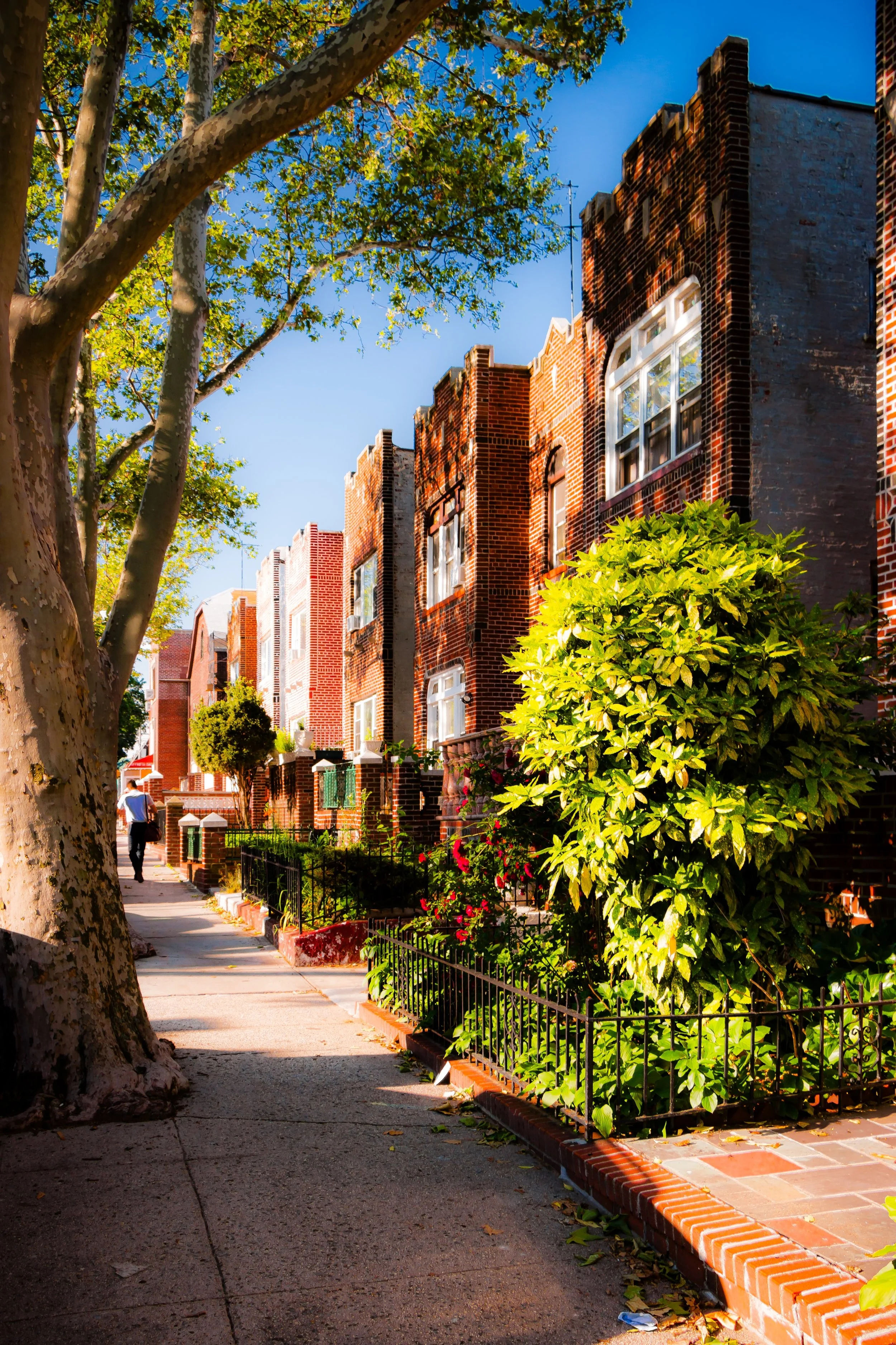 Residential sidewalk in East Elmhurst, Queens, New York, featuring rows of red-brick homes, decorative iron fencing, landscaped front gardens, mature street trees, and lush greenery in bright sunlight.