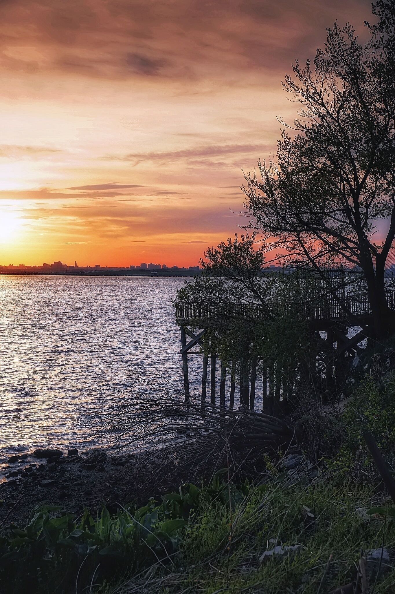 Waterfront view from Little Neck, Queens, New York, at sunset, featuring Little Neck Bay, a wooden shoreline structure, silhouetted trees, distant buildings, and vibrant orange and pink clouds reflecting across the water.
