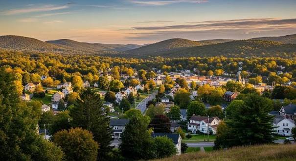 Village of Suffern welcome sign surrounded by red autumn foliage in Suffern, New York.
