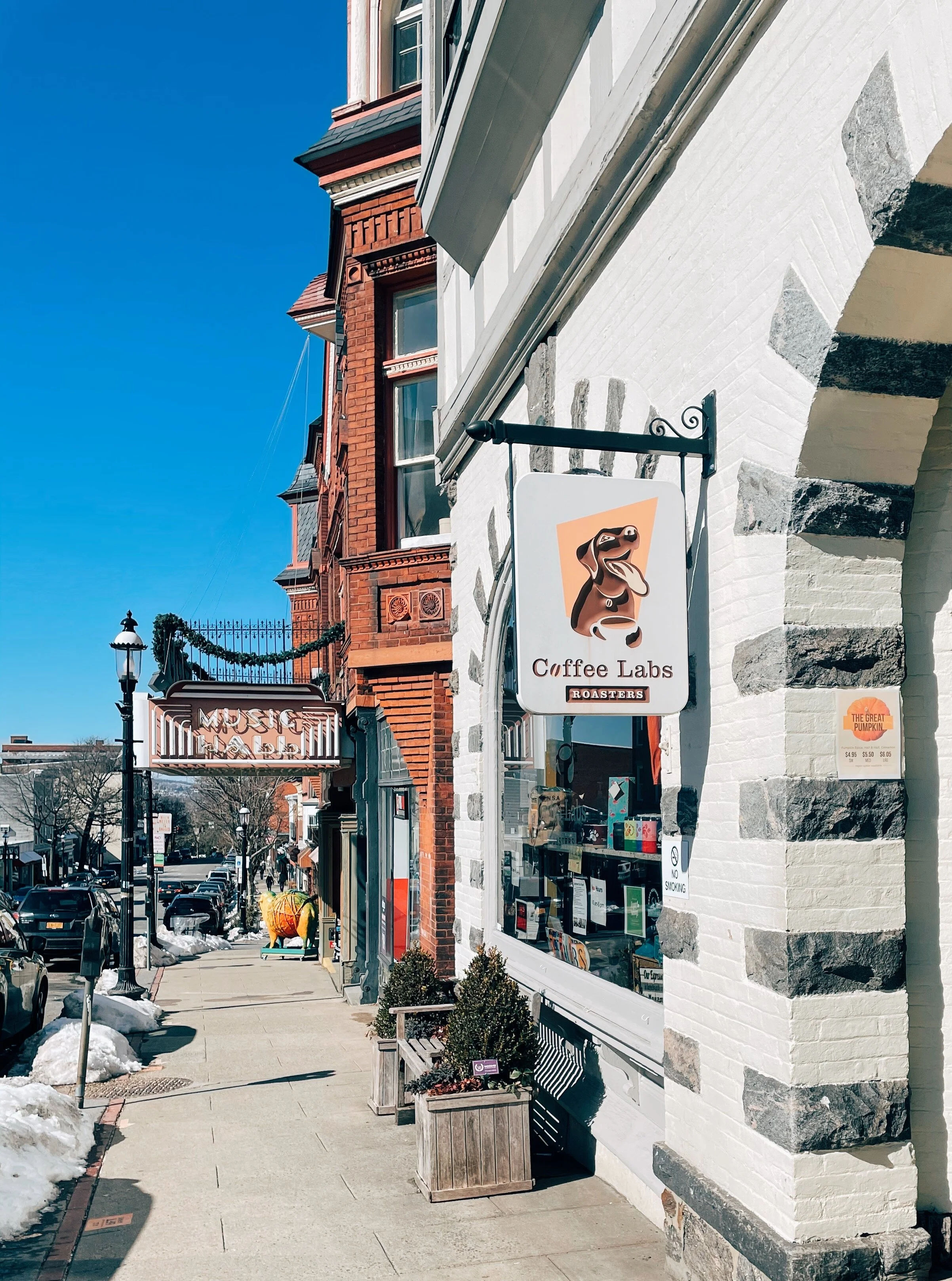 Street view in downtown Tarrytown, New York, featuring Coffee Labs Roasters, historic brick storefronts, local businesses, sidewalk planters, street lamps, parked cars, and patches of snow along the sidewalk.