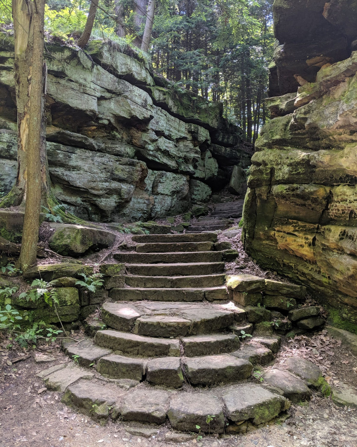 Ancient moss-covered stone staircase descending through dramatic shale rock formations along the gorge trails in Cuyahoga Falls, Ohio