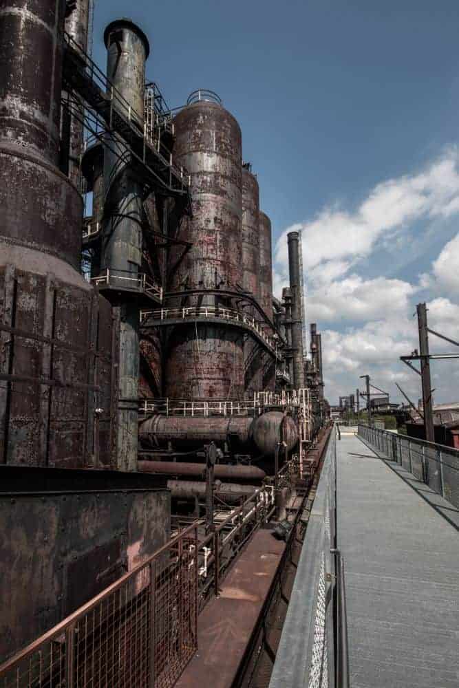 The historic blast furnaces at SteelStacks in Bethlehem, Pennsylvania. Massive steel structures, weathered industrial towers, and elevated walkways showcase the preserved remains of the former Bethlehem Steel plant, highlighting the city's rich manufacturing history and transformation into a cultural destination.