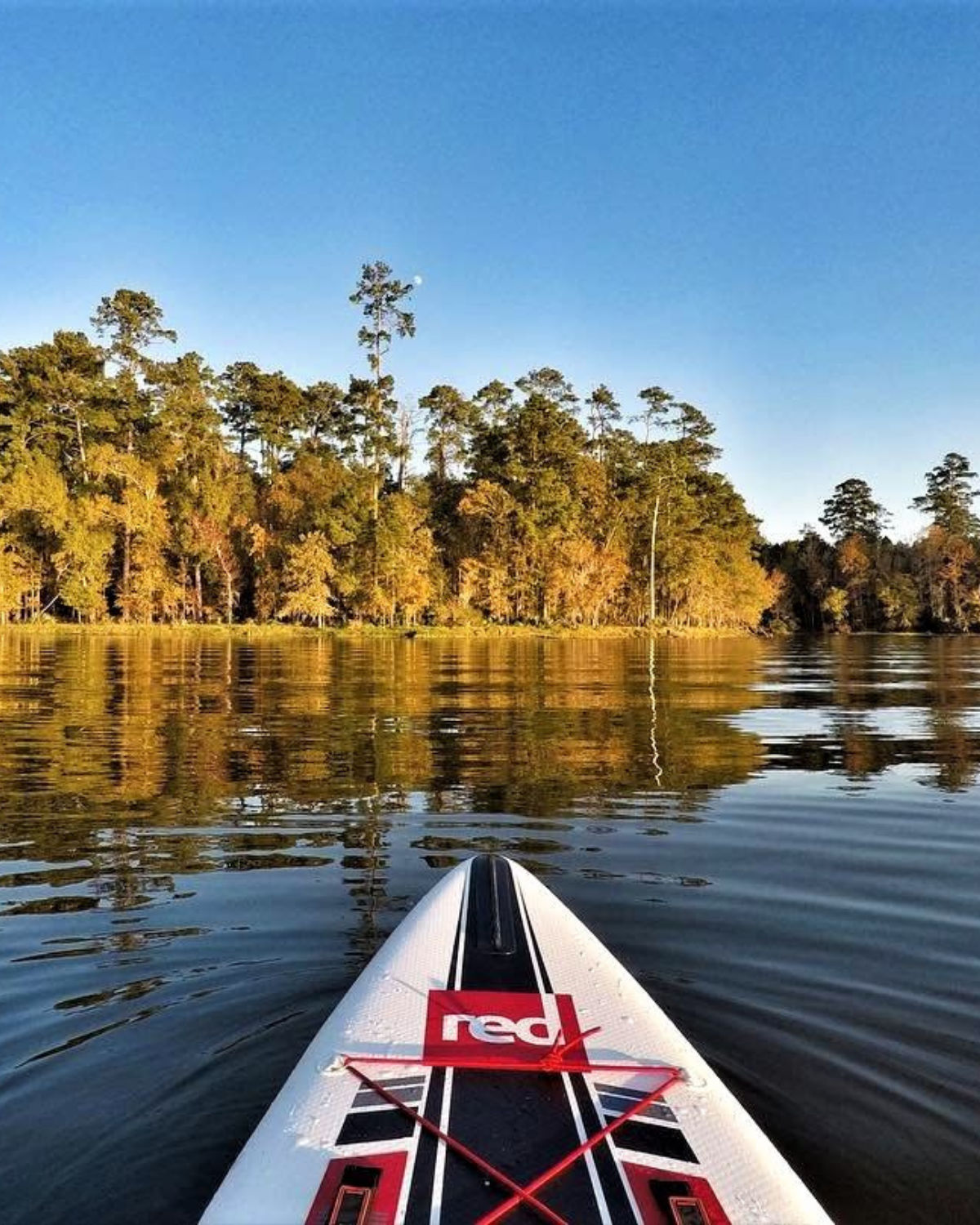 Peaceful scene at Lake Conroe in Conroe, Texas, featuring a kayak in the middle of calm waters, with lakeside houses, docks, and tree-lined shores in the distance under a clear sky.