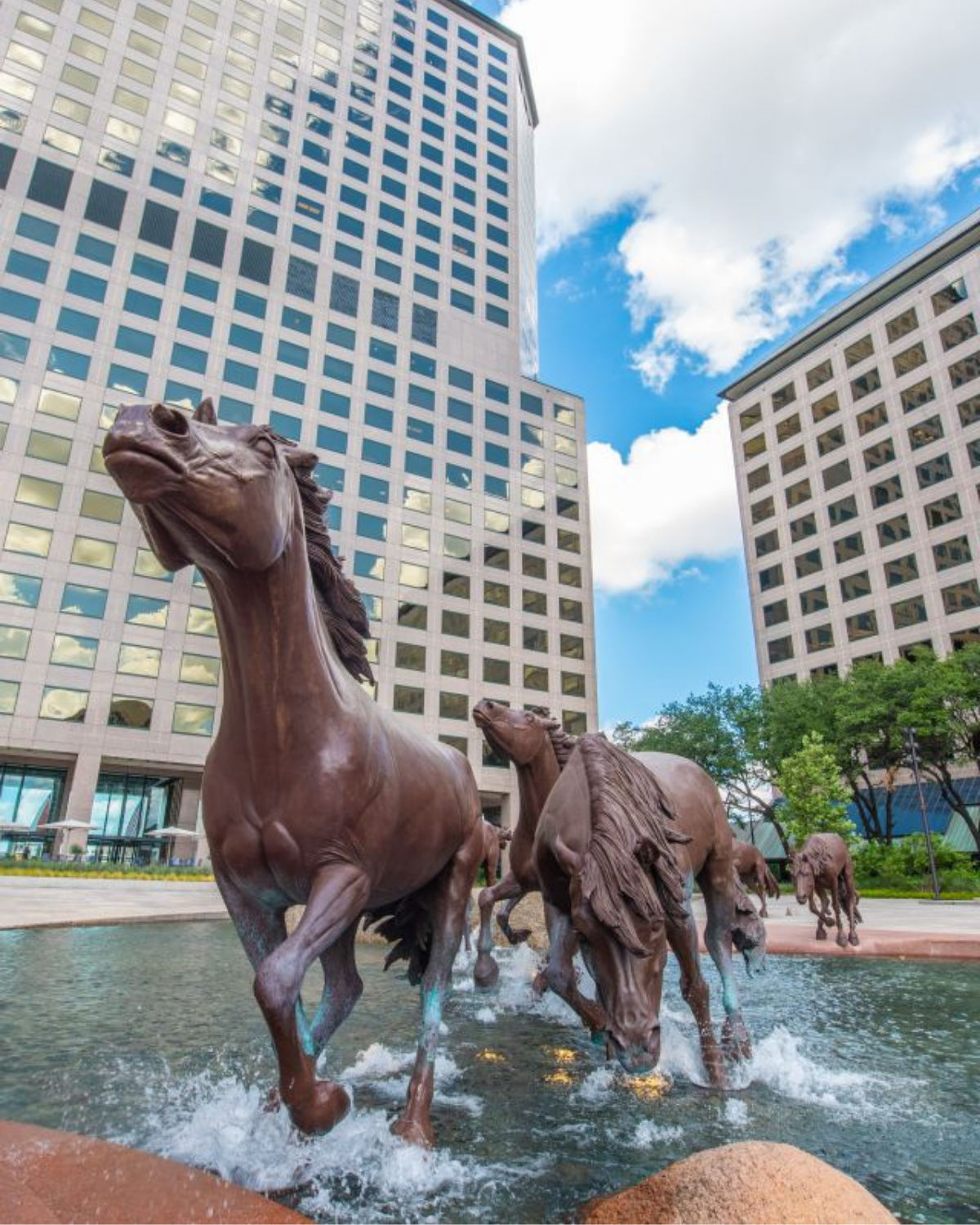 Bronze mustang sculptures galloping through a shallow fountain at Williams Square in Irving, Texas, framed by tall office buildings and a bright blue, partly cloudy sky.