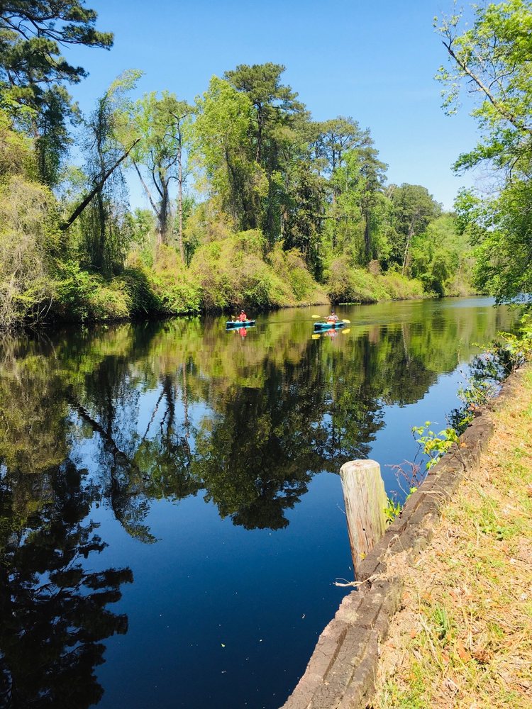 Peaceful view of a calm waterway along the Great Dismal Swamp Canal Trail in Chesapeake, Virginia, surrounded by dense green trees and natural vegetation, with two people kayaking across the reflective water under a clear blue sky, highlighting the areaÕs scenic outdoor recreation and tranquil wetlands.
