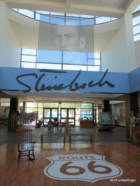 Interior of the National Steinbeck Center in Salinas, California featuring a large ÒSteinbeckÓ sign, Route 66 floor graphic, and exhibits celebrating author John SteinbeckÕs life and work.