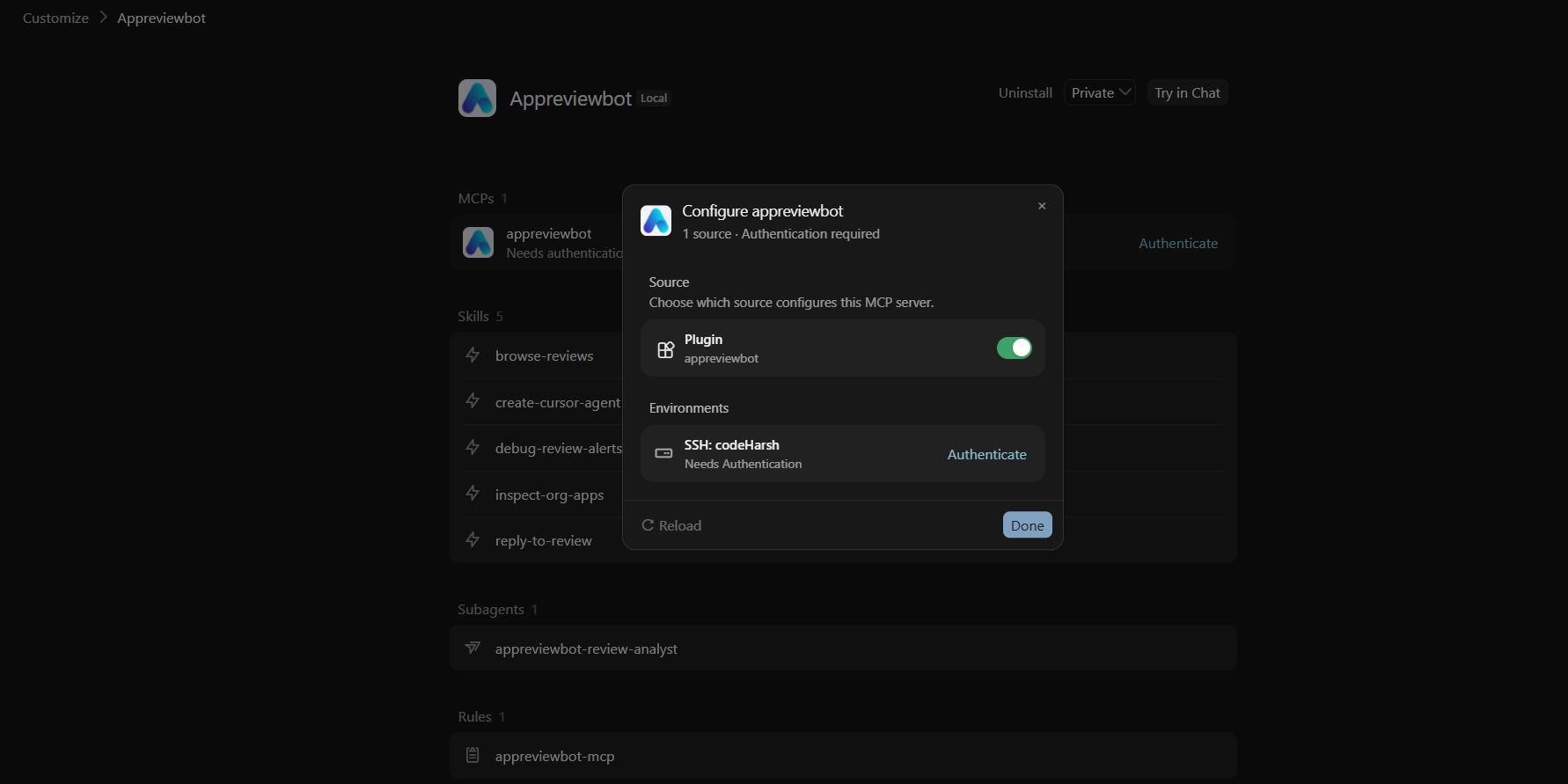Install the AppReviewBot plugin in Cursor