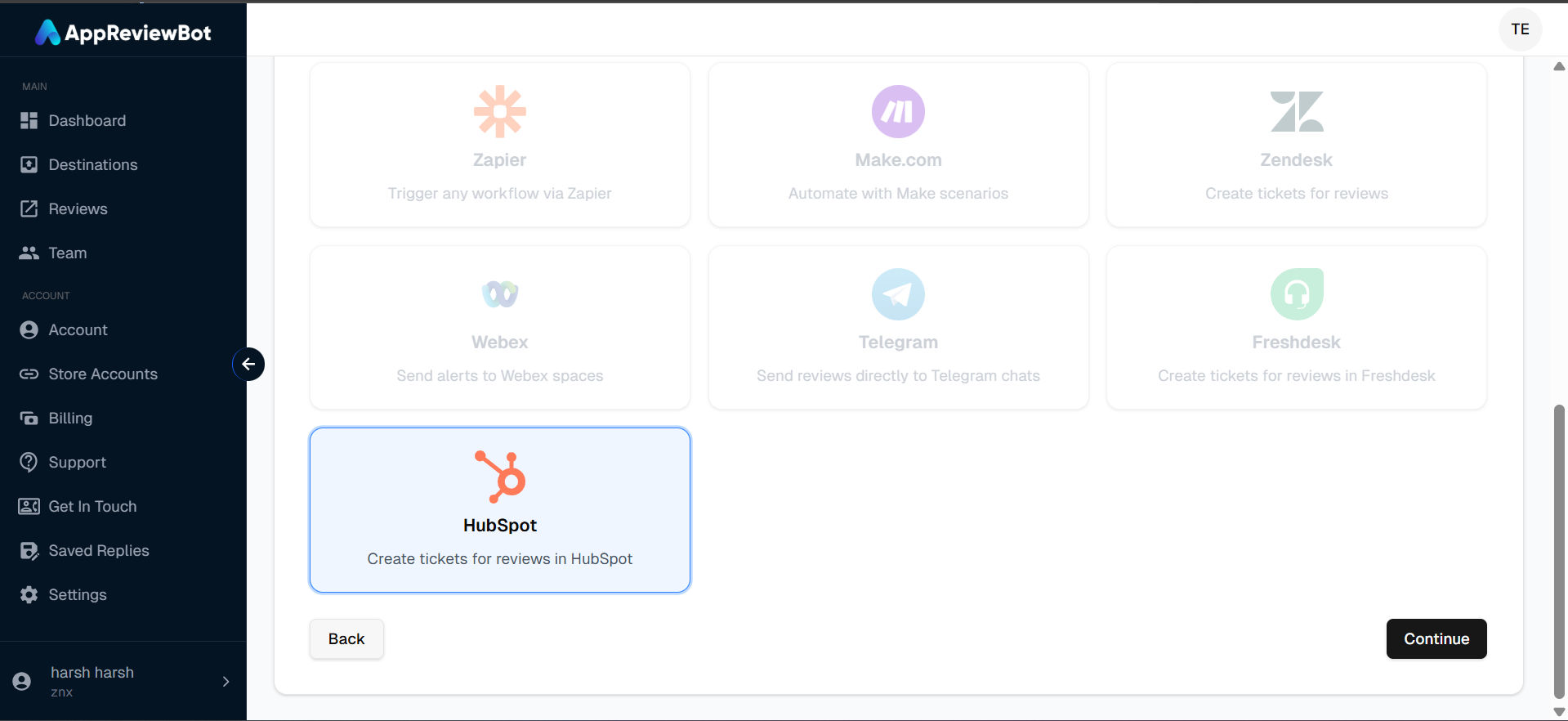Select HubSpot as Destination
